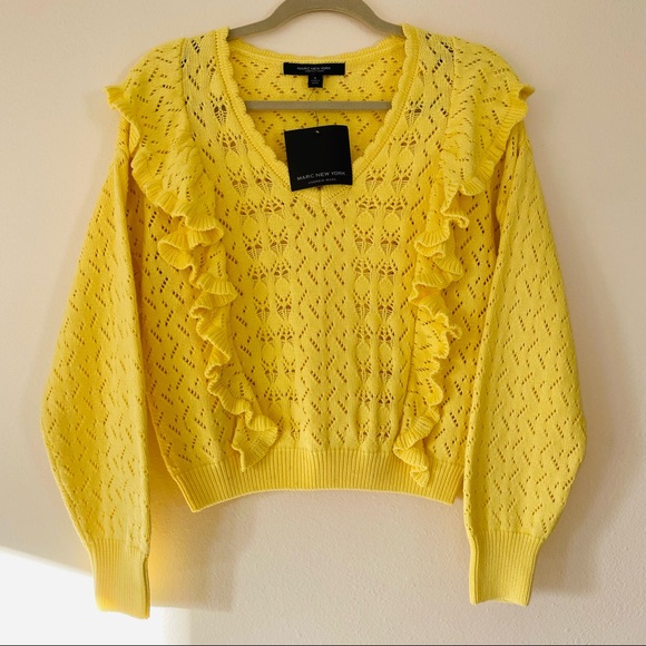 New Marc New York Ruffle Shoulder Cable Knit cotton pullover Sweater - Picture 6 of 9